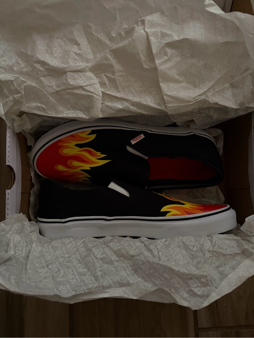 Men’s Slip-On Hot Cheetos Vans - Black with Red & Yellow Flames